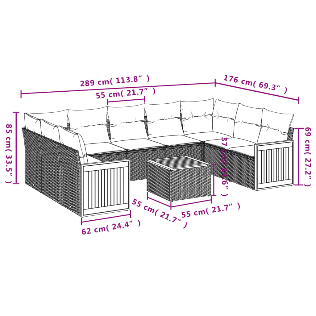 10 pcs conjunto de sofás p/ jardim com almofadões vime PE bege