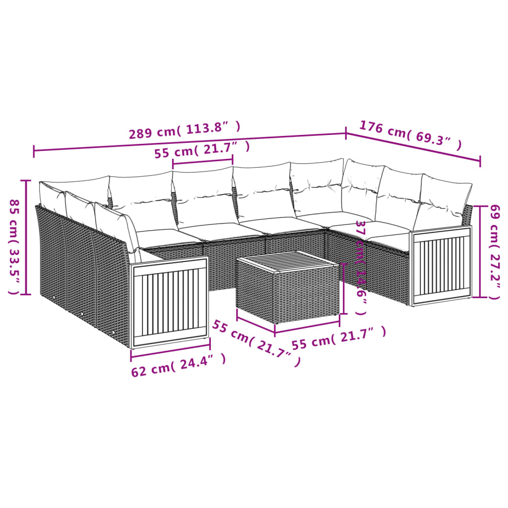 10 pcs conjunto de sofás p/ jardim com almofadões vime PE bege