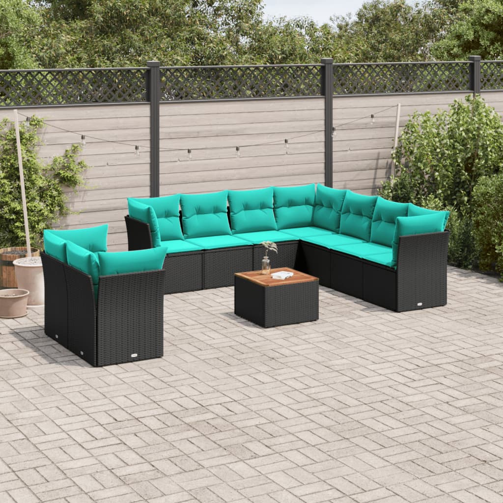 10 pcs conjunto de sofás p/ jardim c/ almofadões vime PE preto
