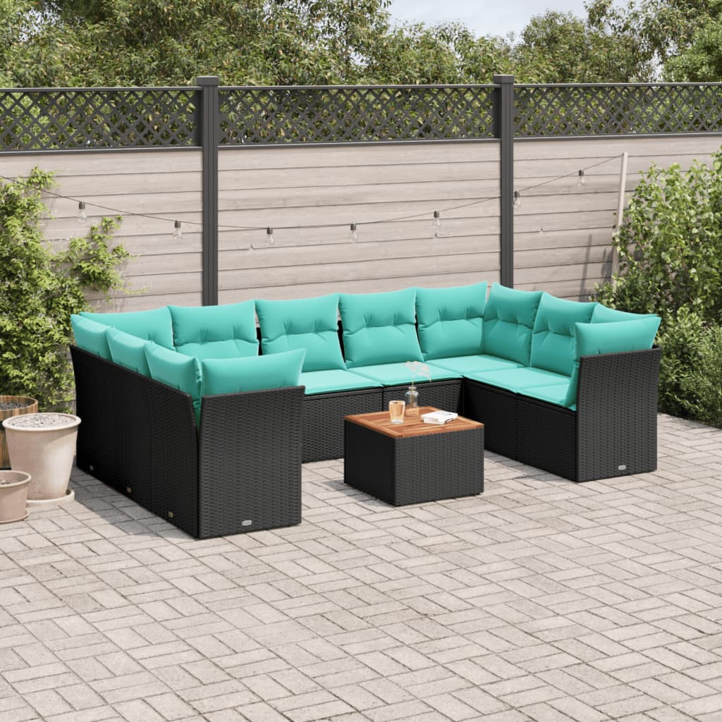 10 pcs conjunto de sofás p/ jardim c/ almofadões vime PE preto