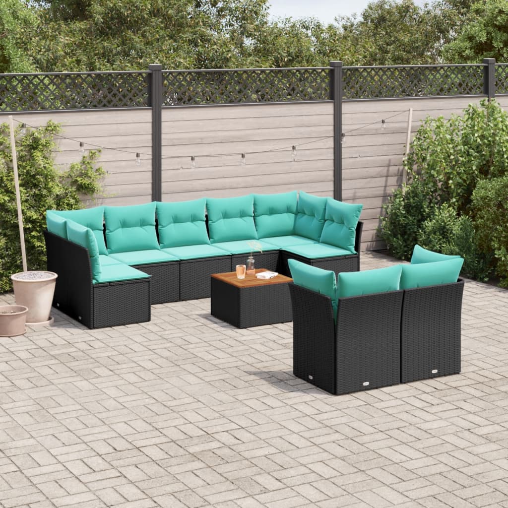10 pcs conjunto de sofás p/ jardim c/ almofadões vime PE preto