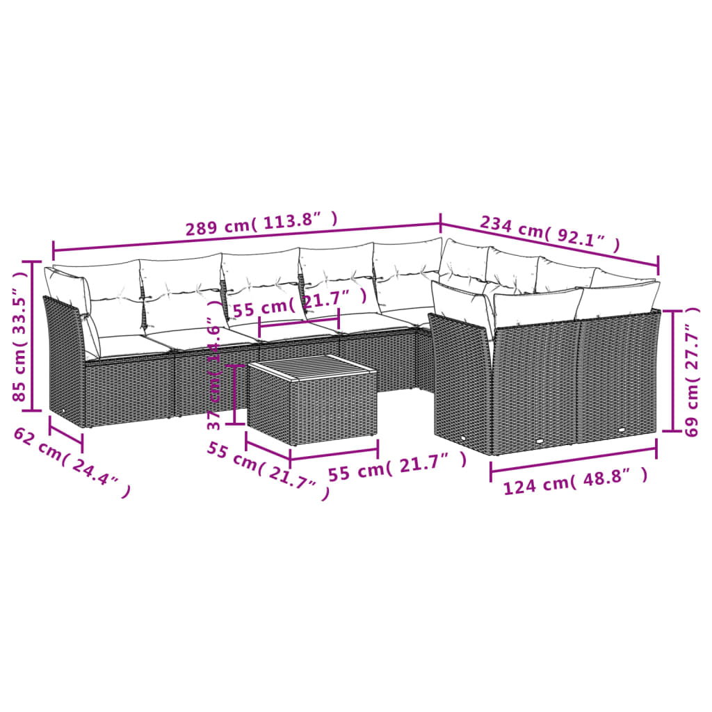 10 pcs conjunto de sofás p/ jardim c/ almofadões vime PE preto