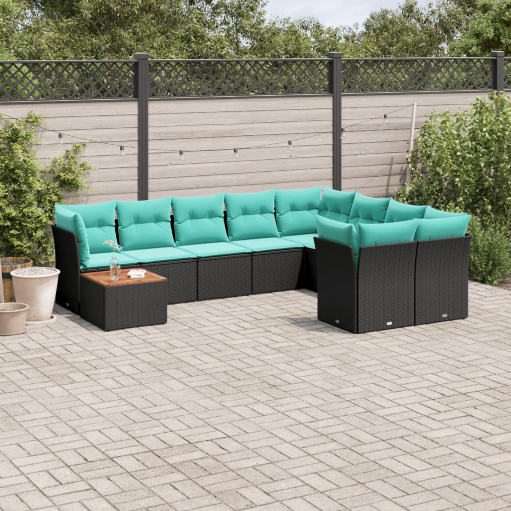 10 pcs conjunto de sofás p/ jardim c/ almofadões vime PE preto