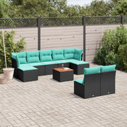 10 pcs conjunto de sofás p/ jardim c/ almofadões vime PE preto