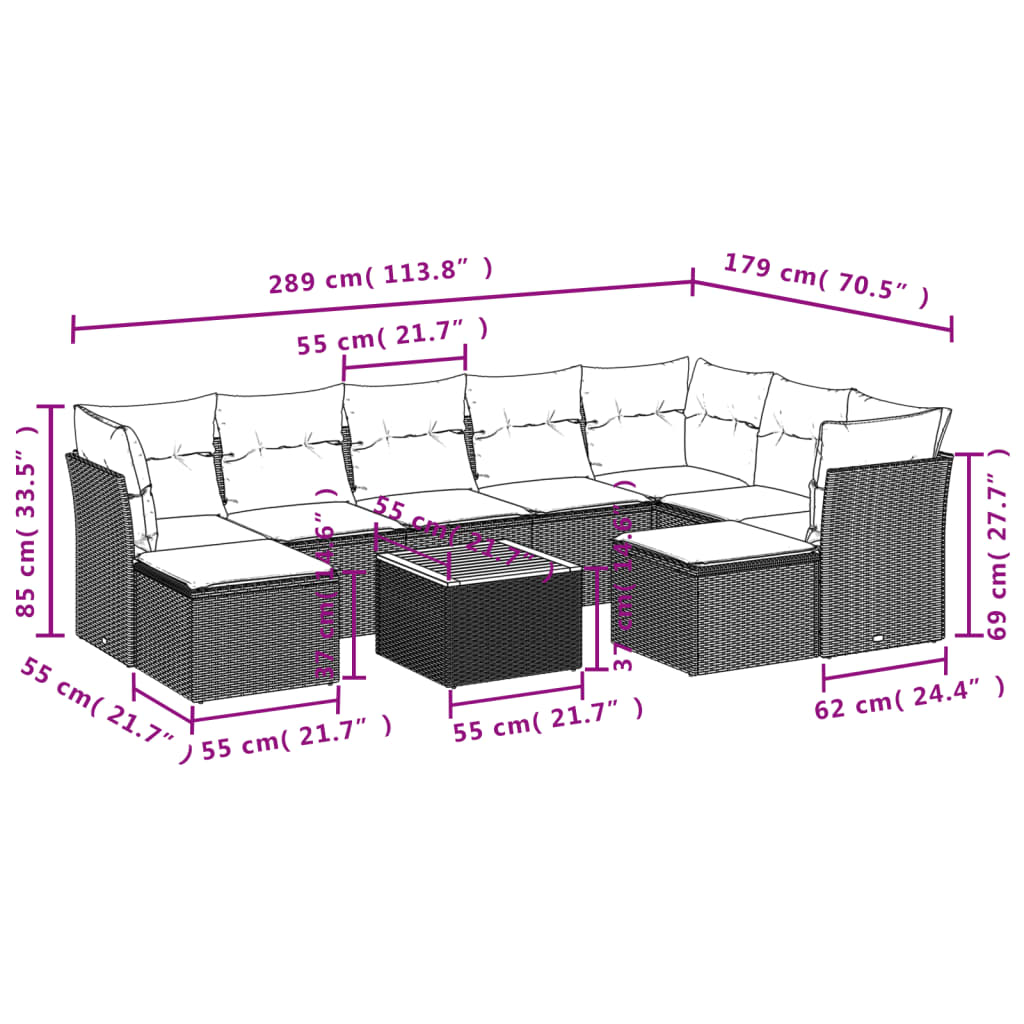 10 pcs conjunto de sofás p/ jardim c/ almofadões vime PE preto
