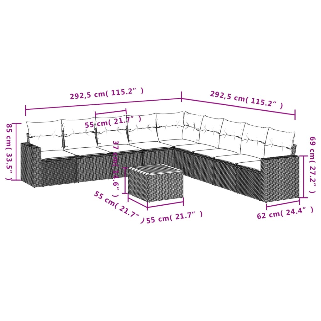 10 pcs conjunto de sofás p/ jardim c/ almofadões vime PE preto