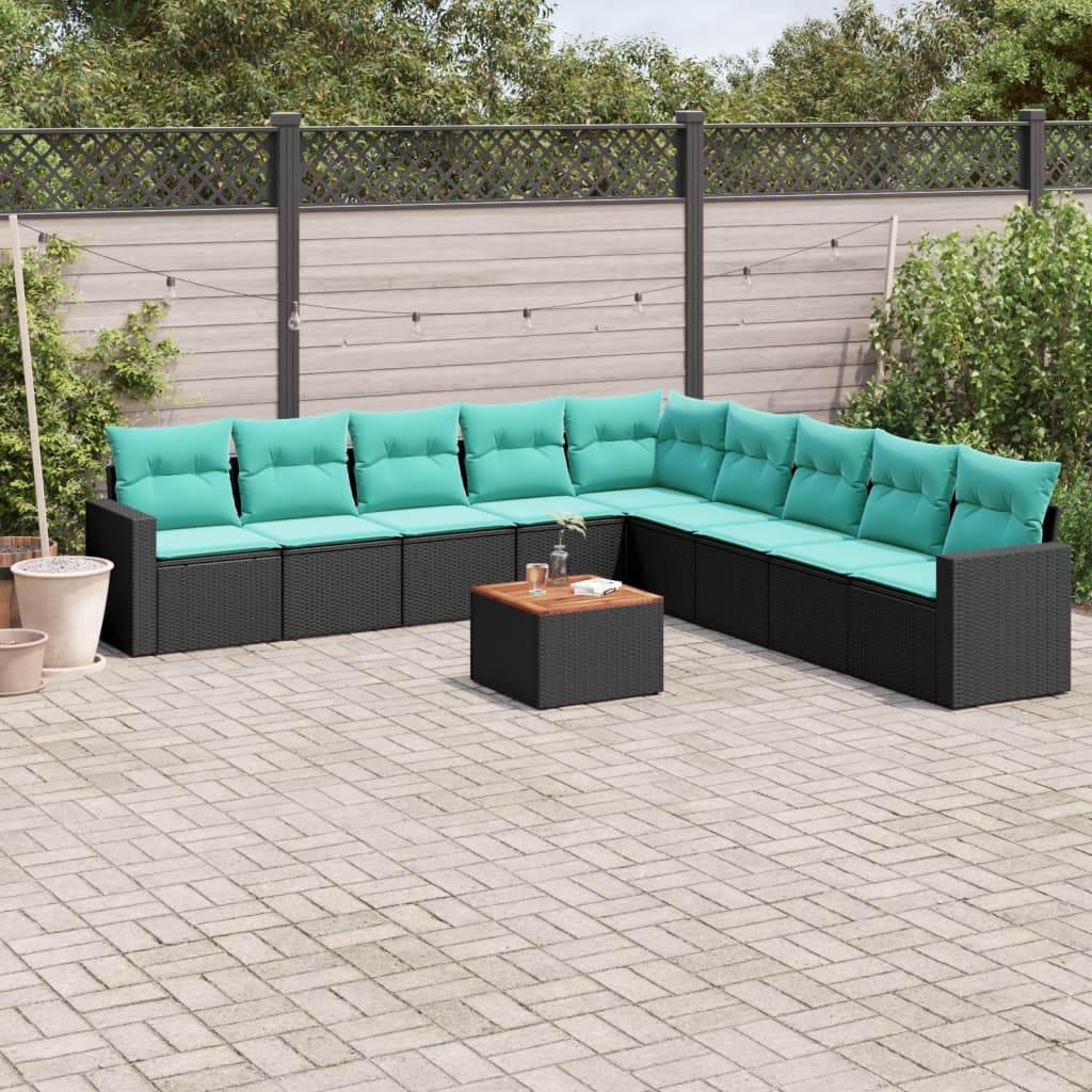 10 pcs conjunto de sofás p/ jardim c/ almofadões vime PE preto