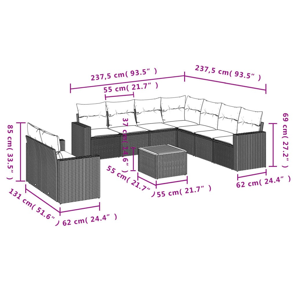 10 pcs conjunto de sofás p/ jardim c/ almofadões vime PE preto