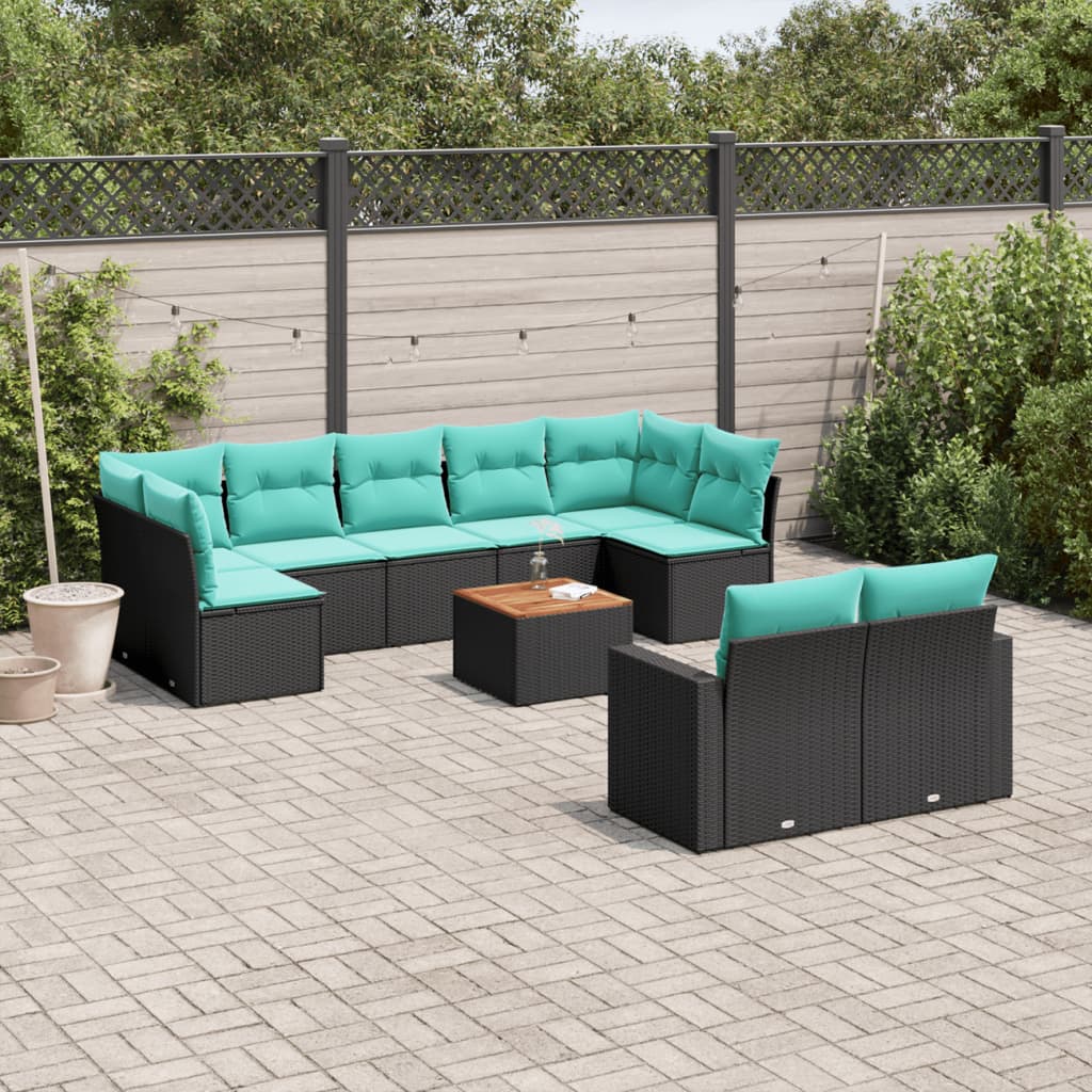 10 pcs conjunto de sofás p/ jardim c/ almofadões vime PE preto