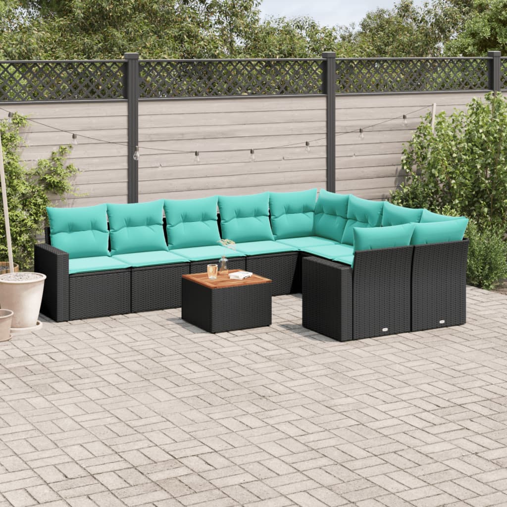 10 pcs conjunto de sofás p/ jardim c/ almofadões vime PE preto