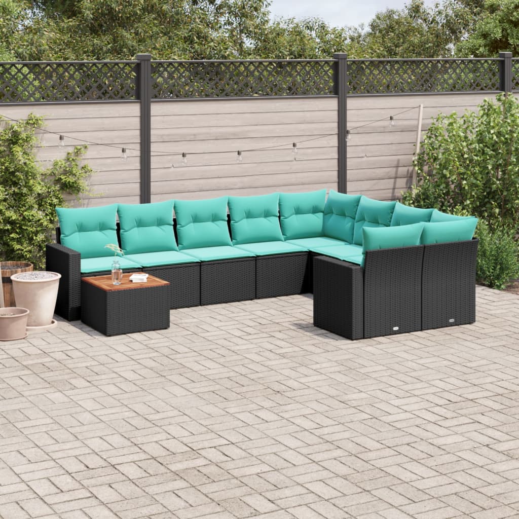 10 pcs conjunto de sofás p/ jardim c/ almofadões vime PE preto