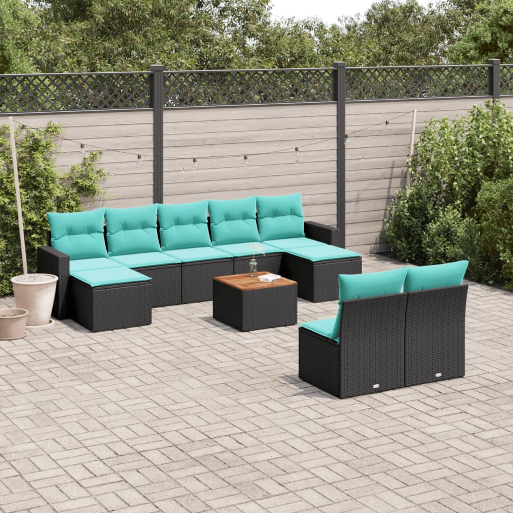 10 pcs conjunto de sofás p/ jardim c/ almofadões vime PE preto