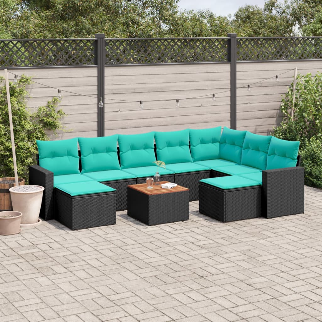 10 pcs conjunto de sofás p/ jardim c/ almofadões vime PE preto