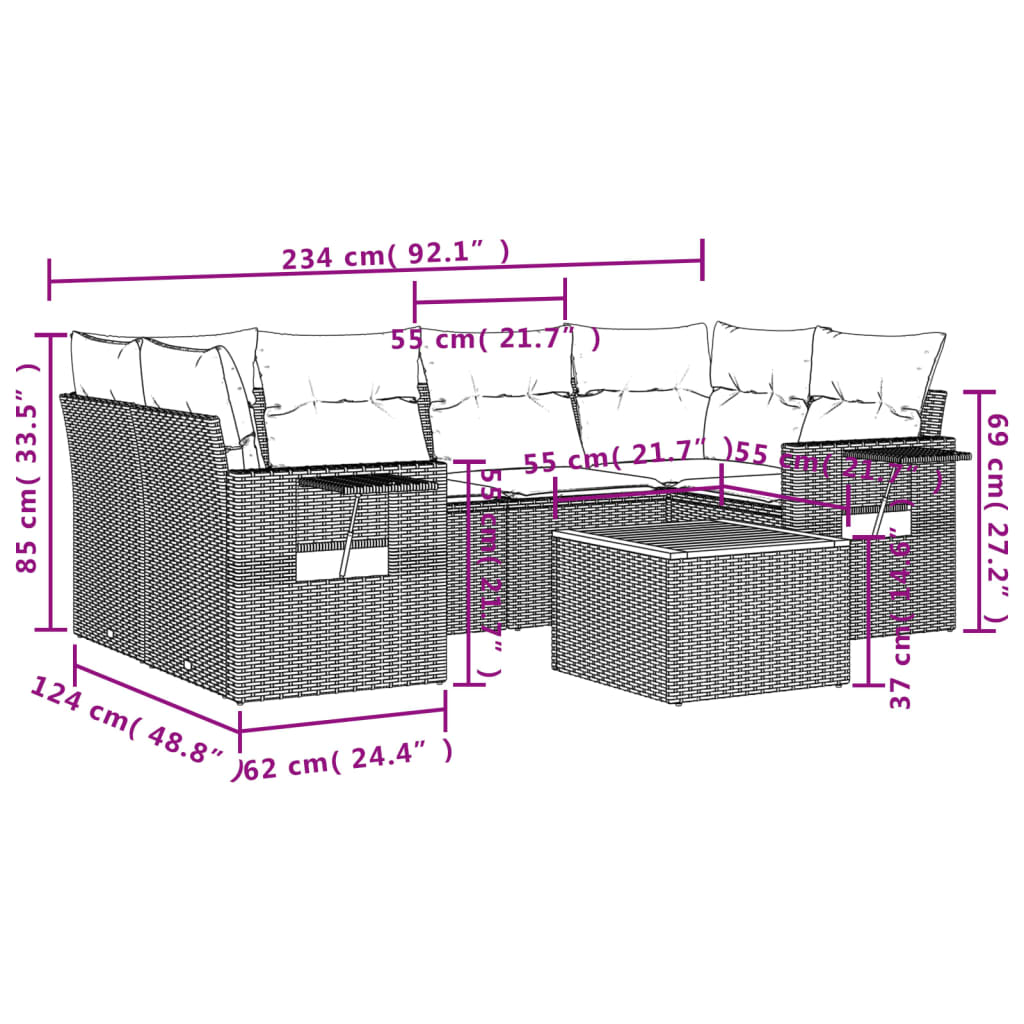 7 pcs conjunto sofás p/ jardim c/ almofadões vime PE cinzento