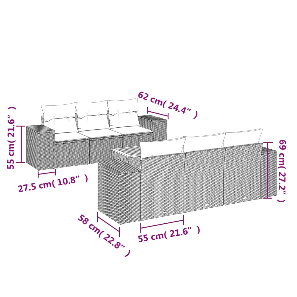 7 pcs conjunto sofás p/ jardim c/ almofadões vime PE cinzento