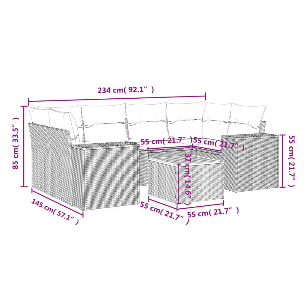 7 pcs conjunto sofás p/ jardim c/ almofadões vime PE cinzento