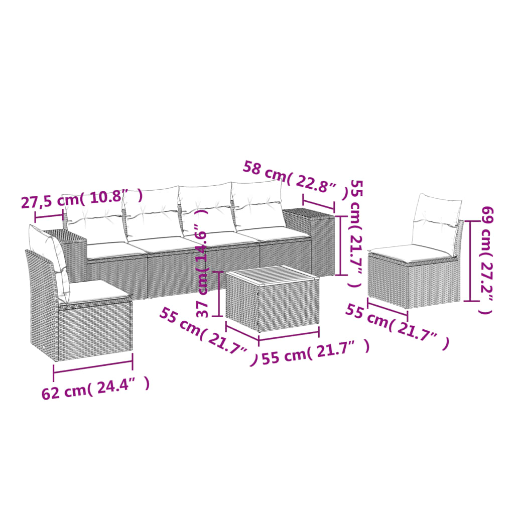 7 pcs conjunto sofás p/ jardim c/ almofadões vime PE cinzento