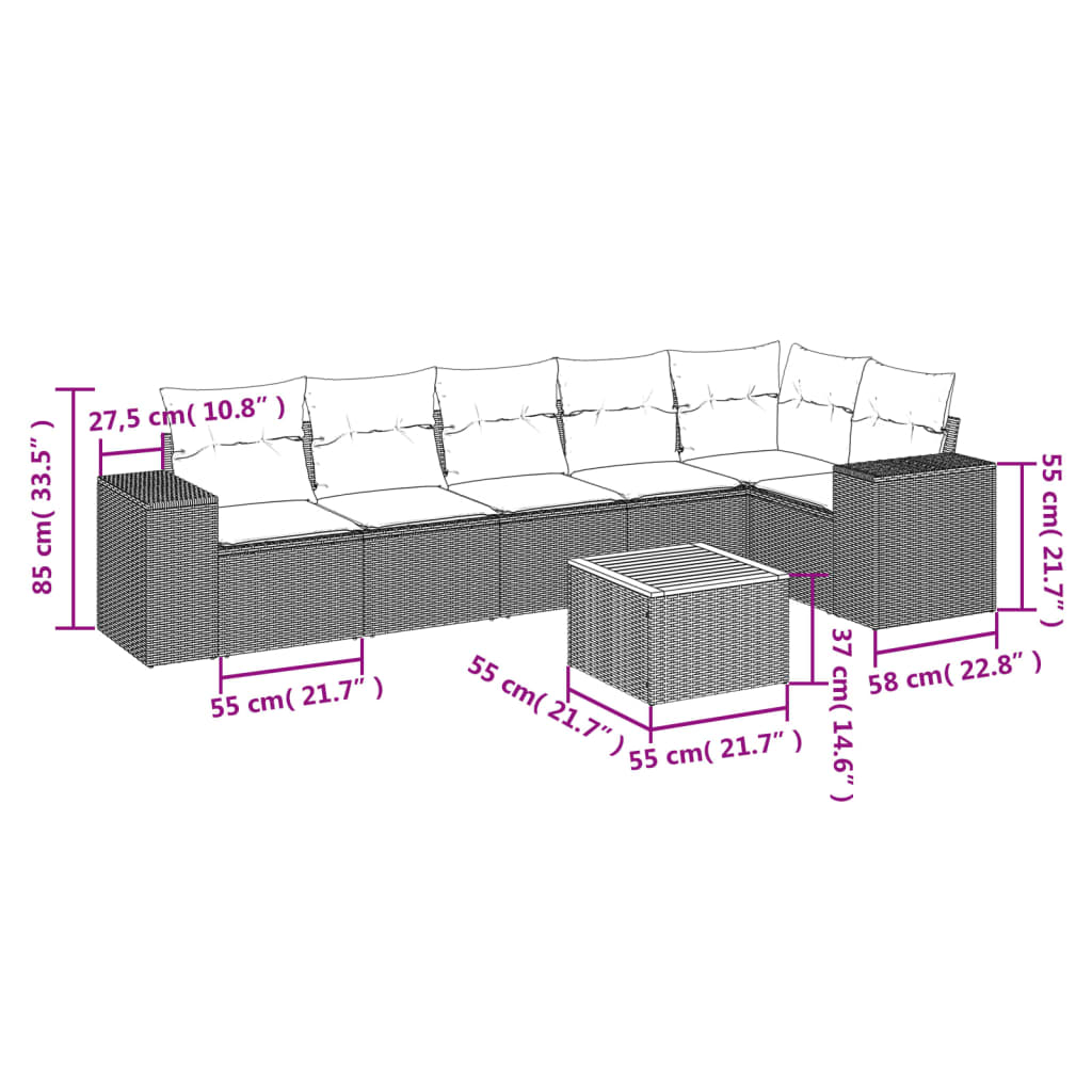 7 pcs conjunto sofás p/ jardim c/ almofadões vime PE cinzento