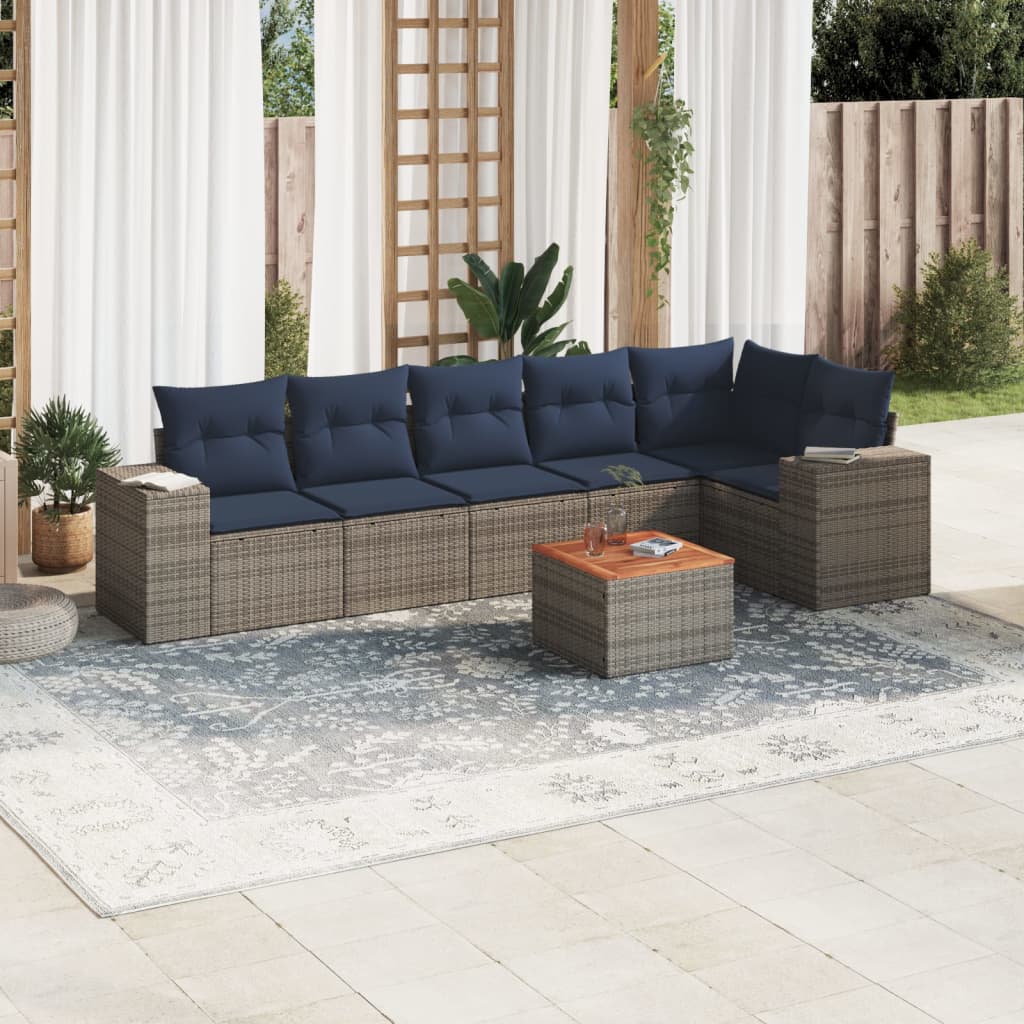 7 pcs conjunto sofás p/ jardim c/ almofadões vime PE cinzento