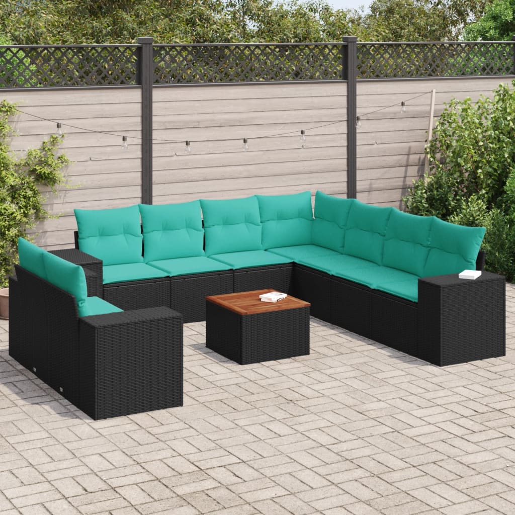 10 pcs conjunto de sofás p/ jardim c/ almofadões vime PE preto
