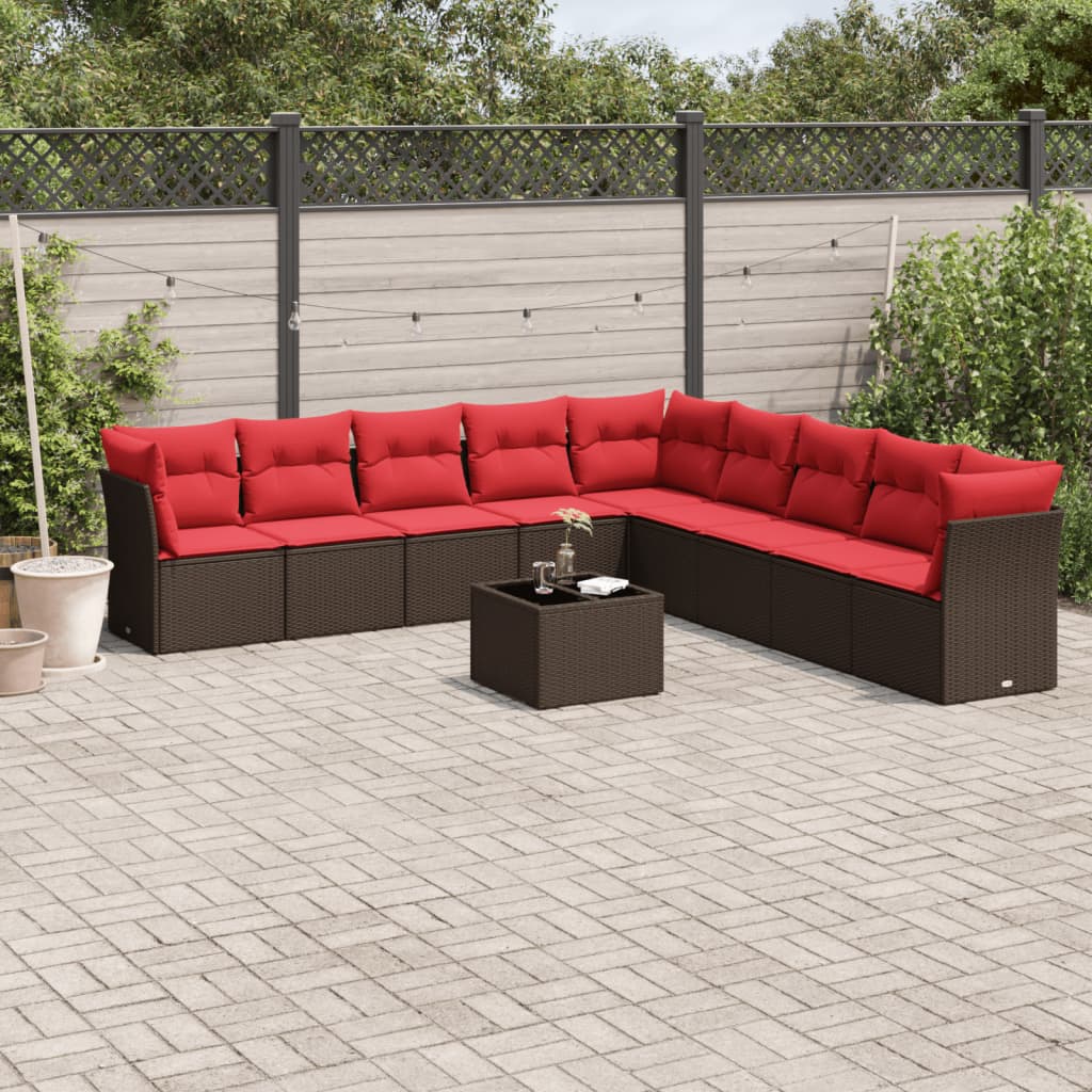 10 pcs conj. sofás jardim com almofadões vime PE castanho