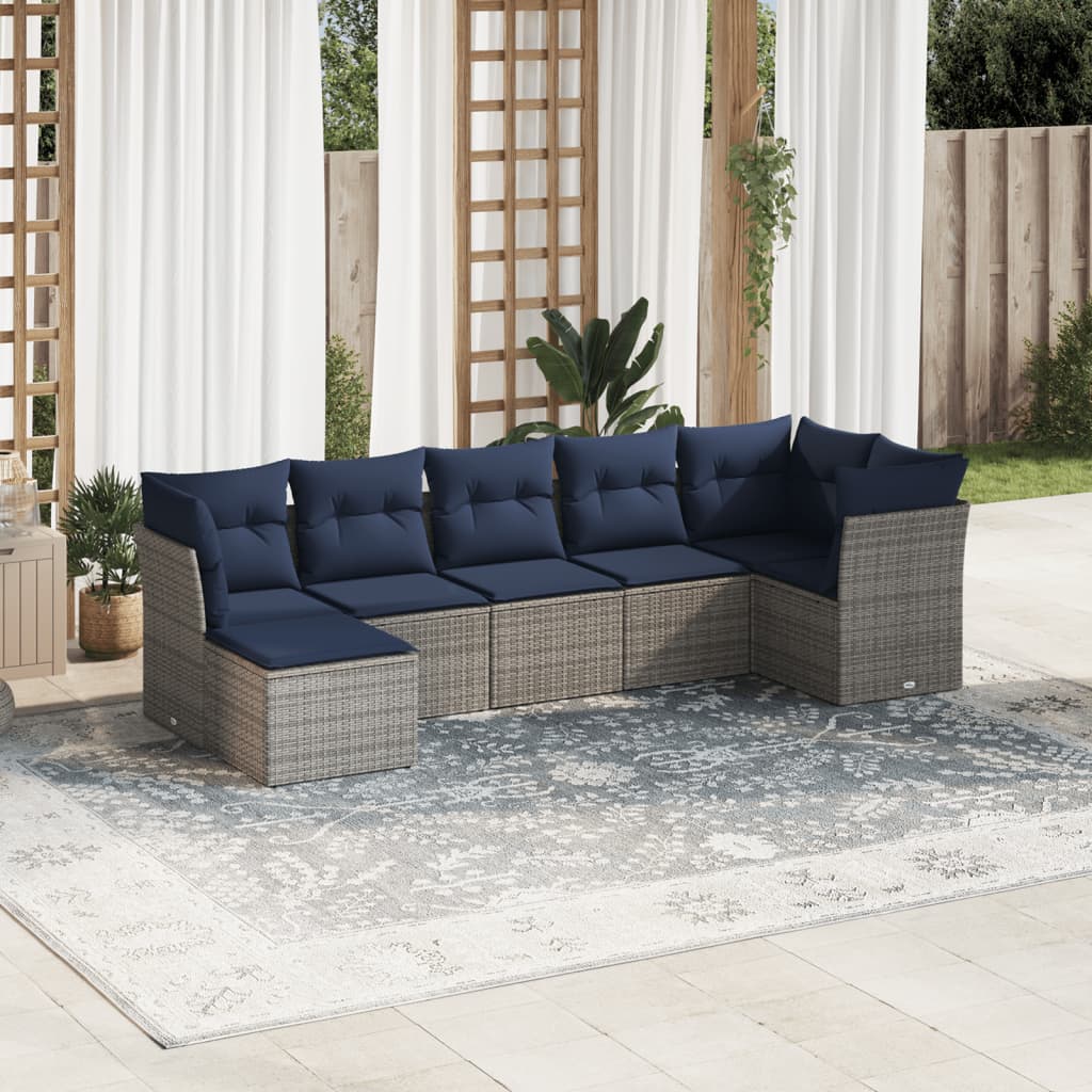 7 pcs conjunto sofás p/ jardim c/ almofadões vime PE cinzento