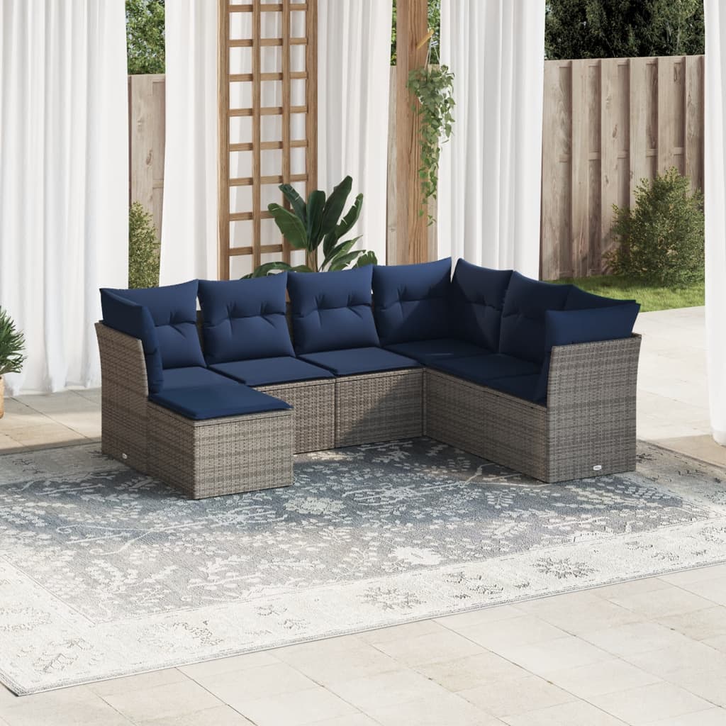 7 pcs conjunto sofás p/ jardim c/ almofadões vime PE cinzento