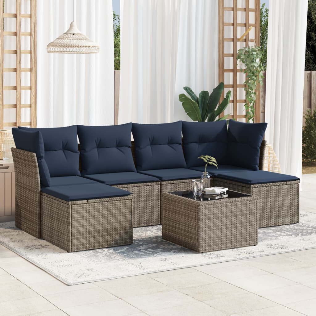 7 pcs conjunto sofás p/ jardim c/ almofadões vime PE cinzento