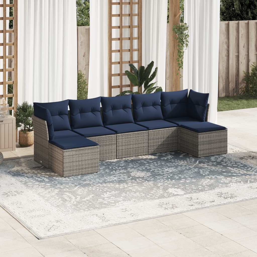 7 pcs conjunto sofás p/ jardim c/ almofadões vime PE cinzento