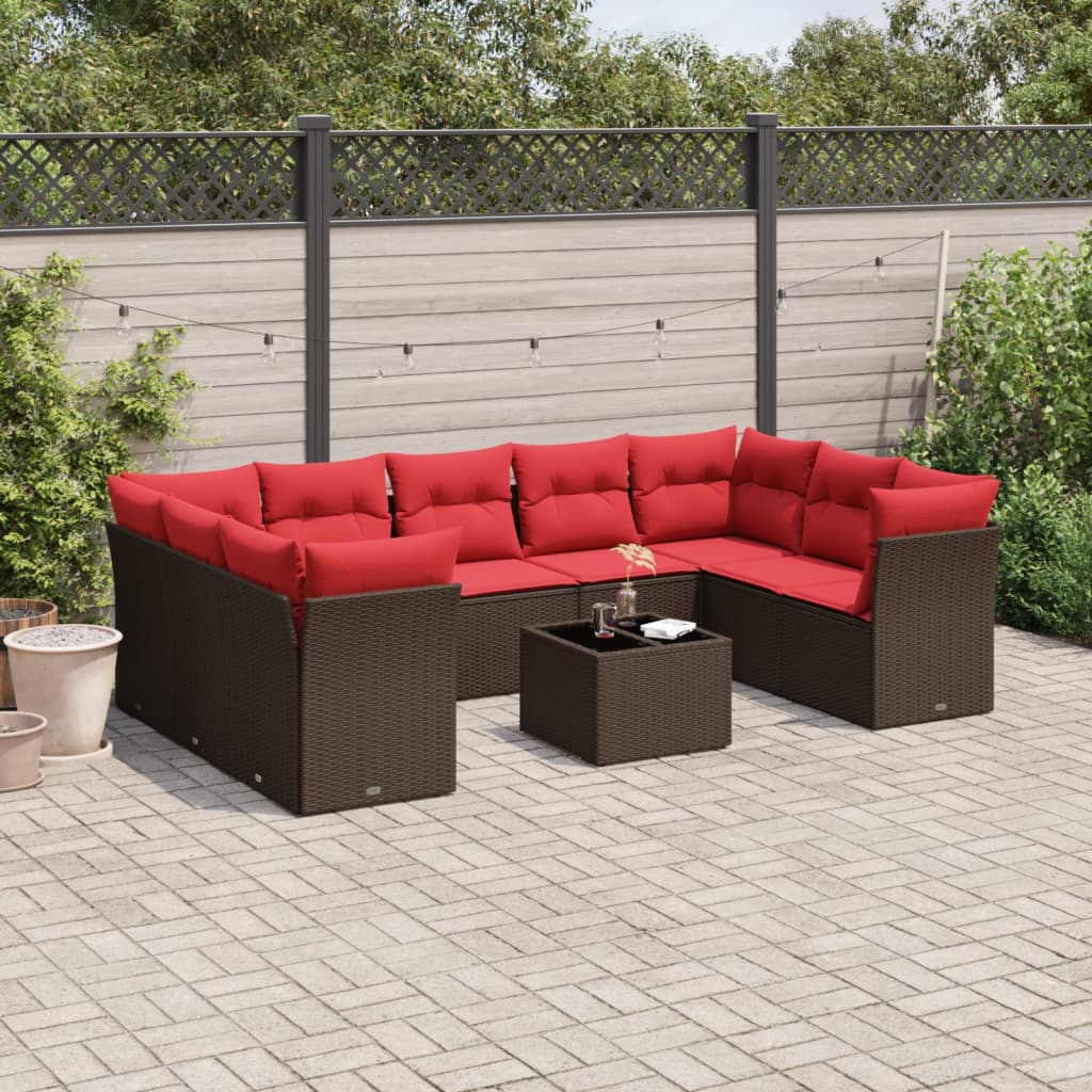 10 pcs conj. sofás jardim com almofadões vime PE castanho