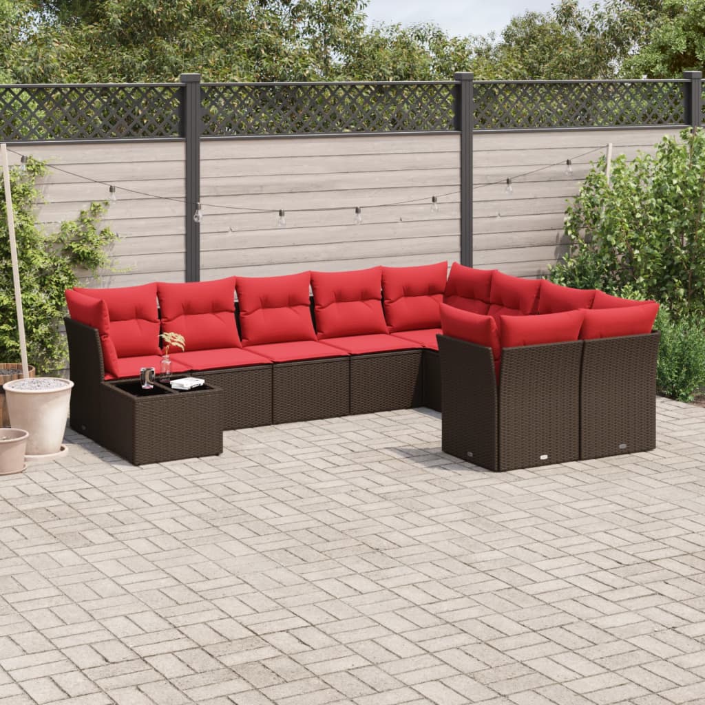 10 pcs conj. sofás jardim com almofadões vime PE castanho