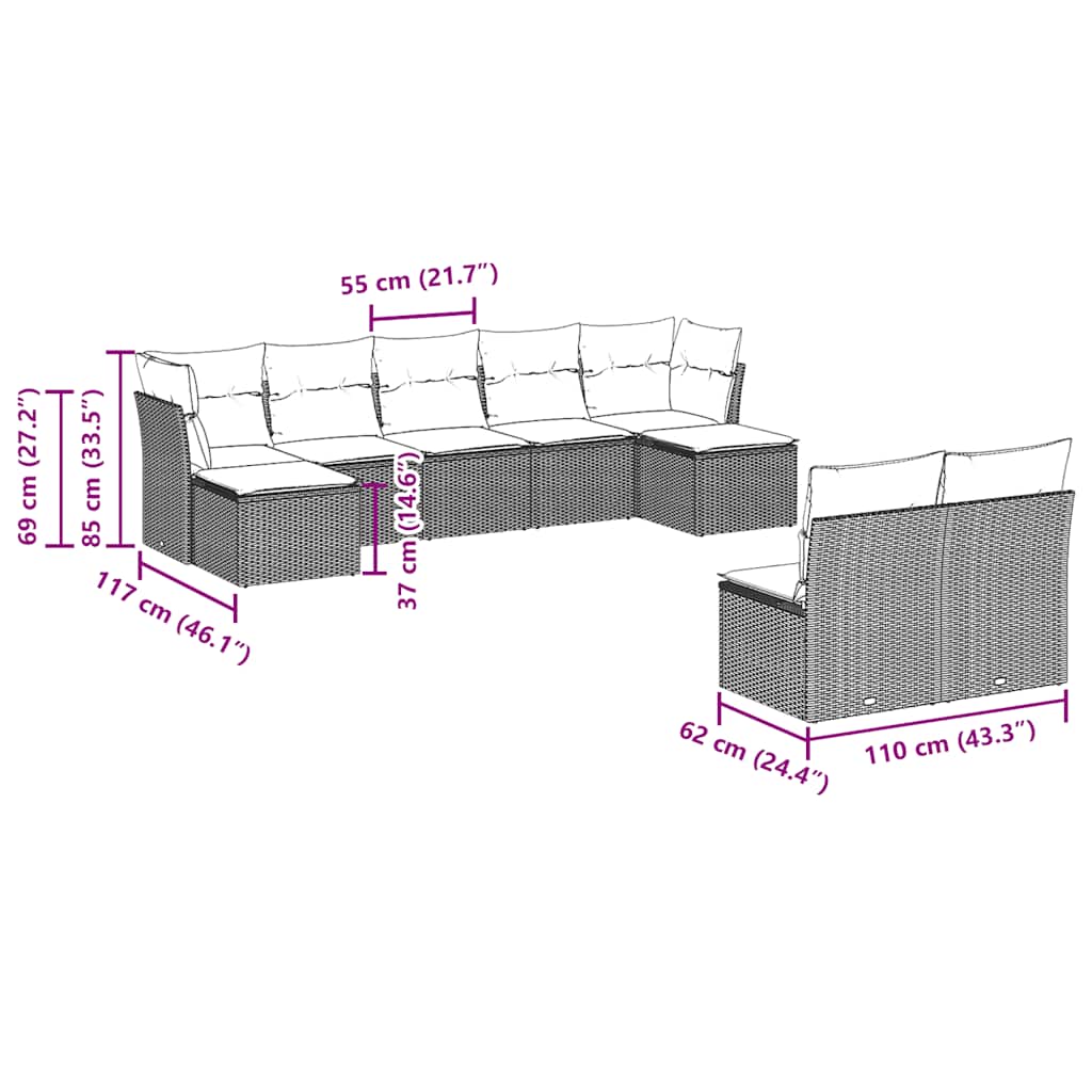 9 pcs conjunto de sofás p/ jardim c/ almofadões vime PE preto