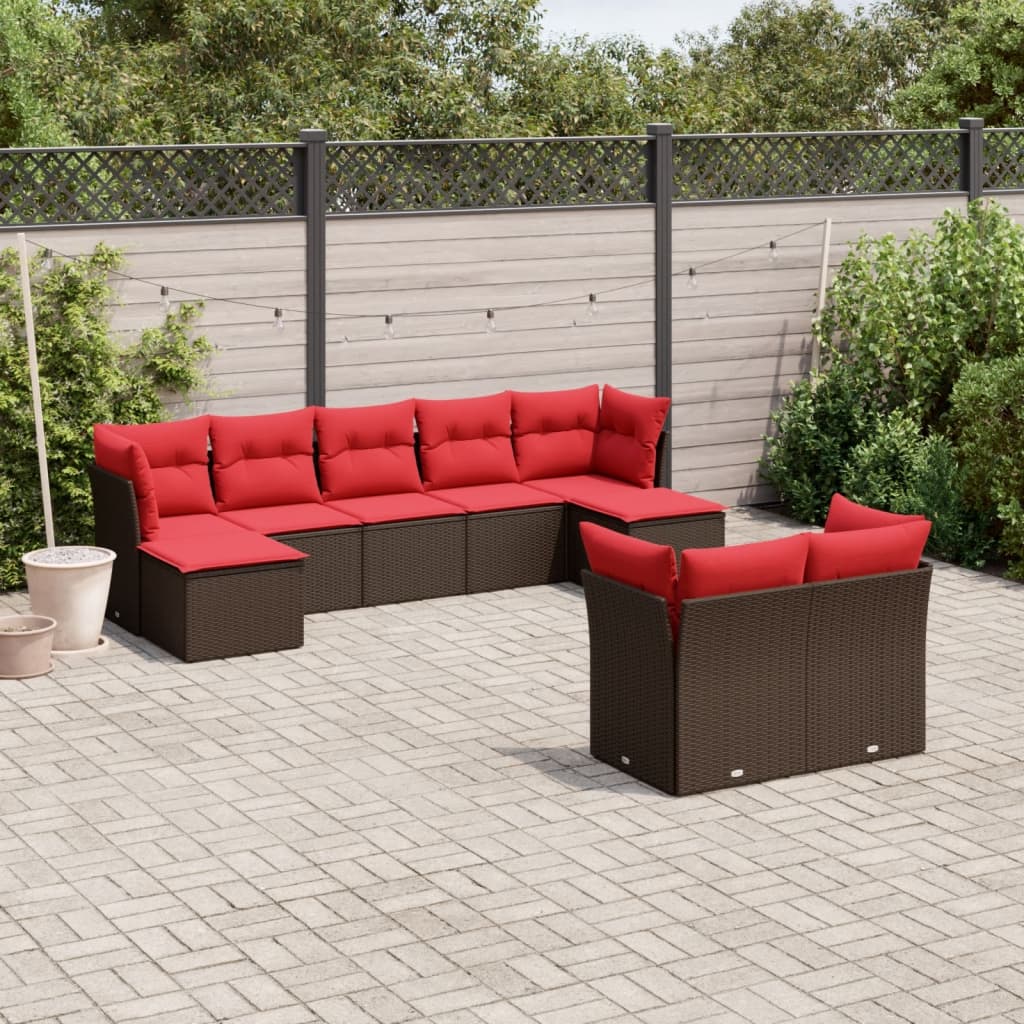 9 pcs conjunto sofás p/ jardim c/ almofadões vime PE castanho