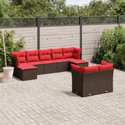 9 pcs conjunto sofás p/ jardim c/ almofadões vime PE castanho
