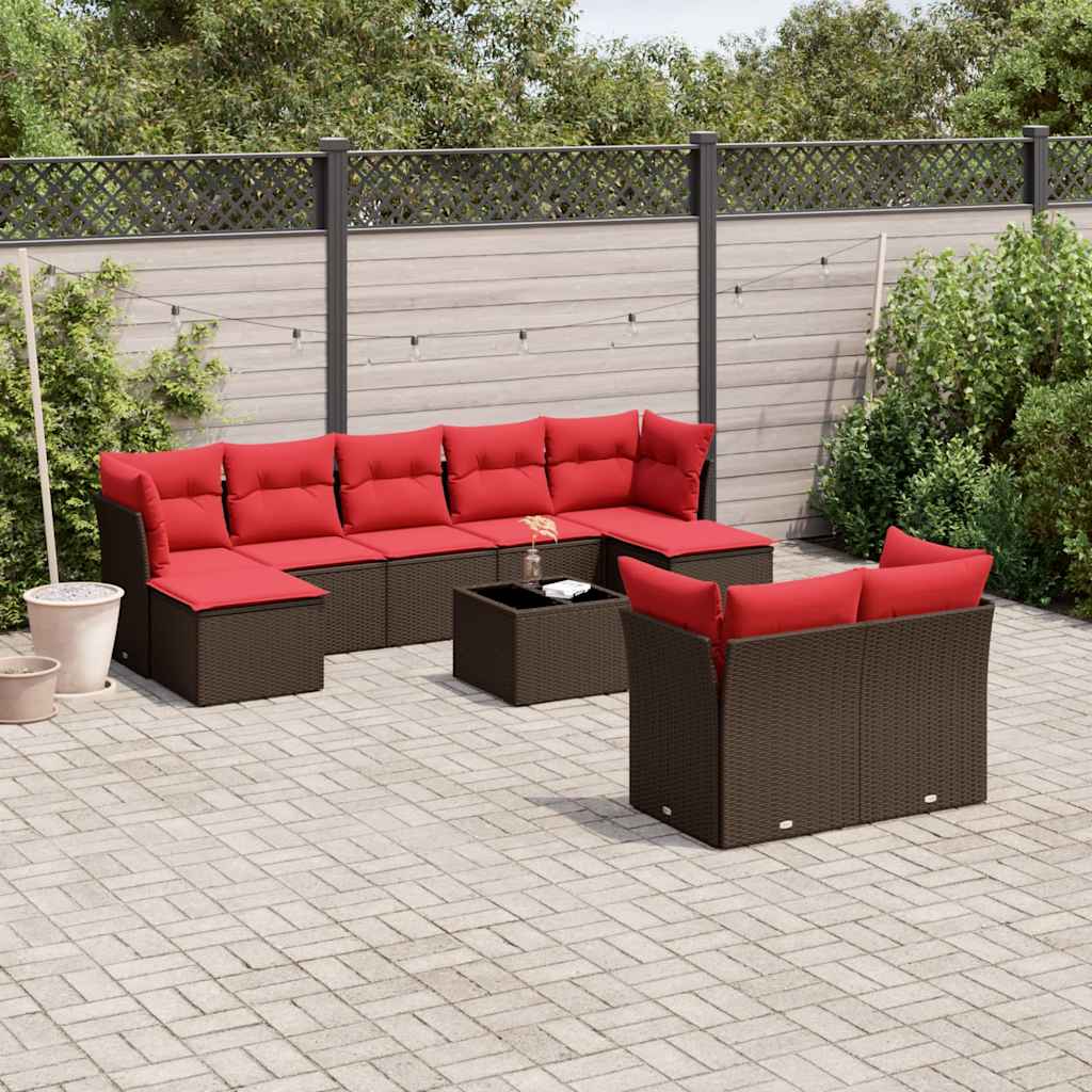 10 pcs conj. sofás jardim com almofadões vime PE castanho