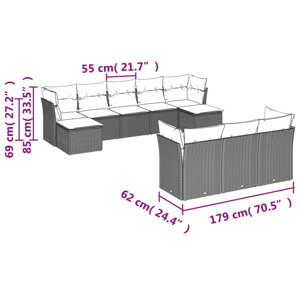 10 pcs conjunto sofás p/ jardim c/ almofadões vime PE cinzento