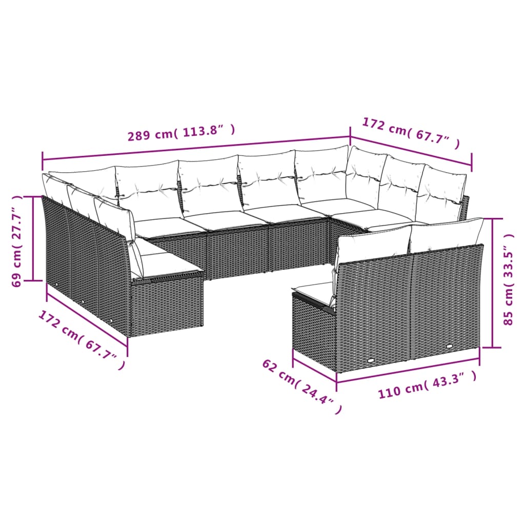11 pcs conjunto sofás de jardim c/ almofadões vime PE castanho