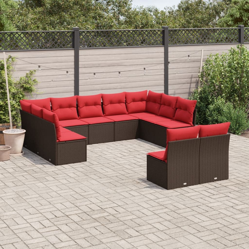 11 pcs conjunto sofás de jardim c/ almofadões vime PE castanho