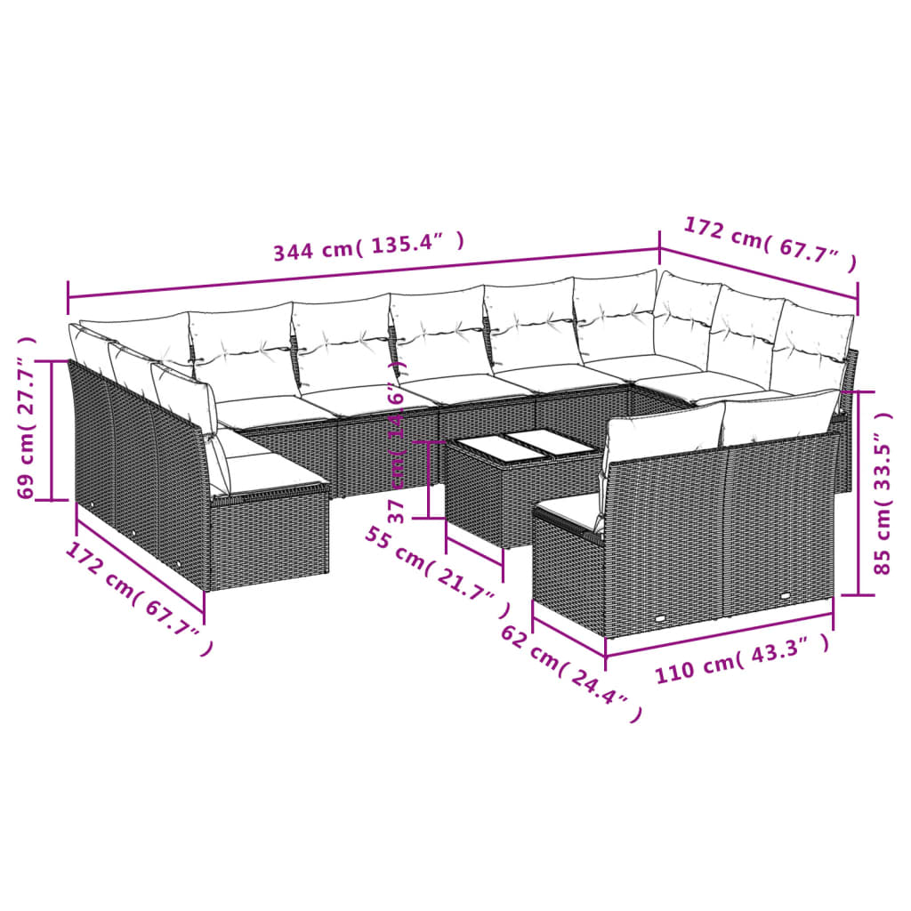 13 pcs conjunto sofás p/ jardim c/ almofadões vime PE castanho