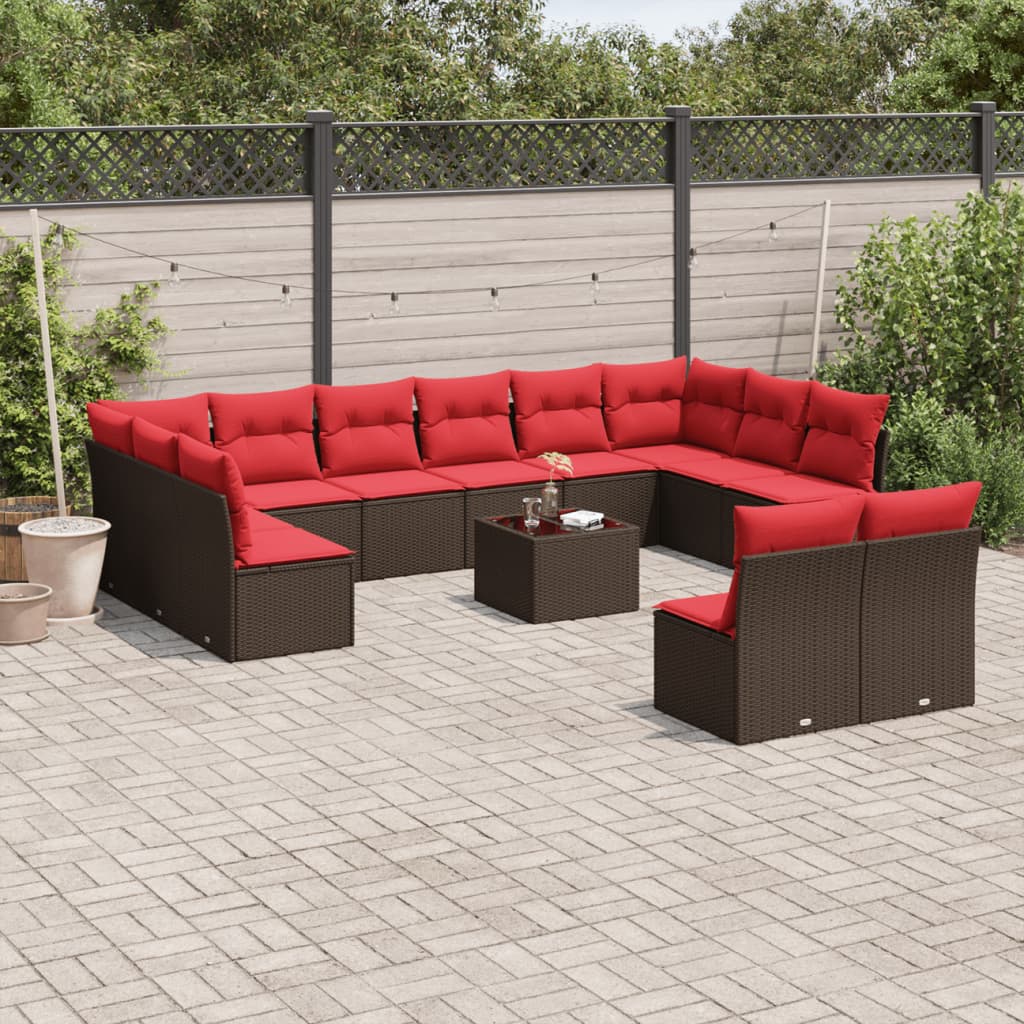13 pcs conjunto sofás p/ jardim c/ almofadões vime PE castanho