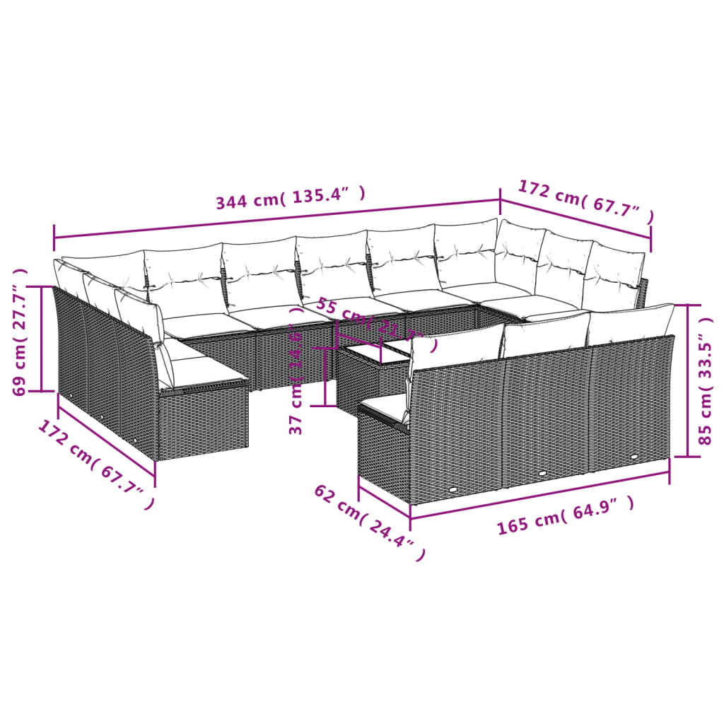 14 pcs conjunto de sofás p/ jardim com almofadões vime PE bege