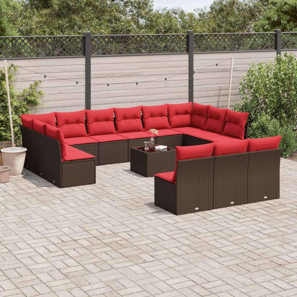 14 pcs conjunto sofás p/ jardim c/ almofadões vime PE castanho