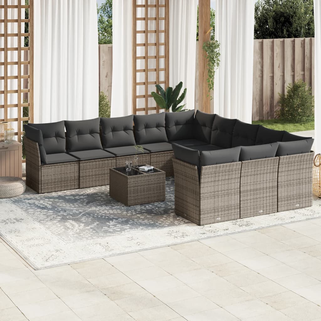 12 pcs conjunto de sofás jardim c/ almofadões vime PE cinzento