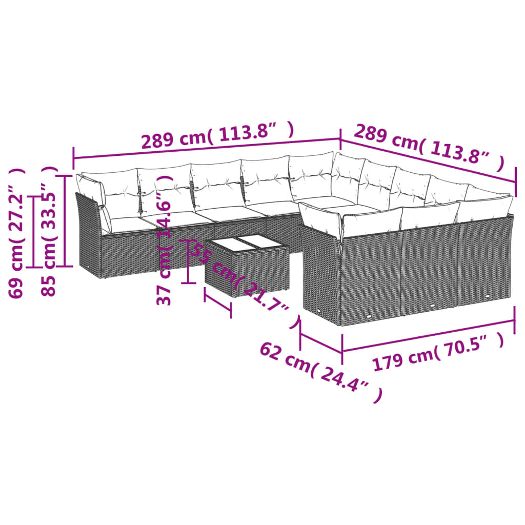 12 pcs conj. sofás jardim com almofadões vime PE cinzento-claro