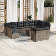 13 pcs conjunto sofás p/ jardim c/ almofadões vime PE cinzento