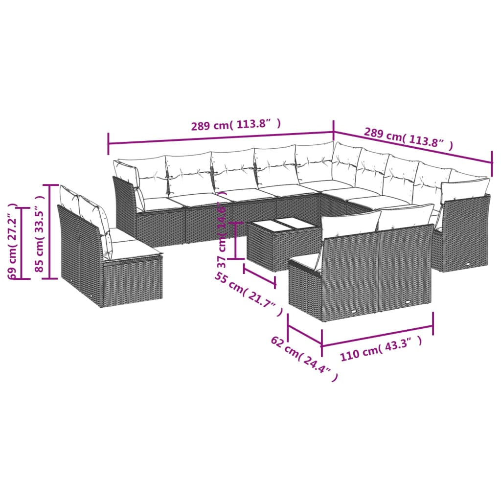 14 pcs conjunto de sofás p/ jardim com almofadões vime PE bege