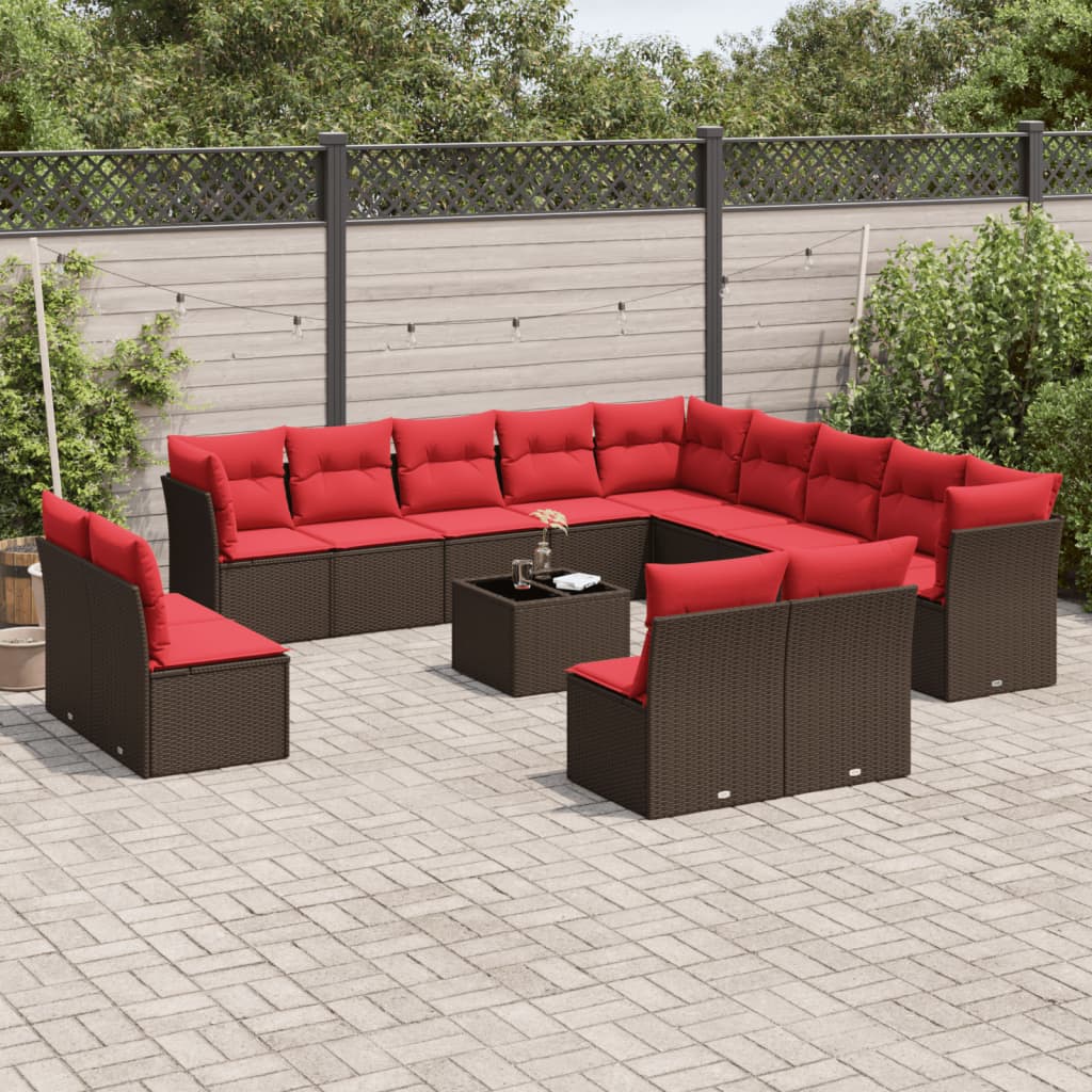 14 pcs conjunto sofás p/ jardim c/ almofadões vime PE castanho