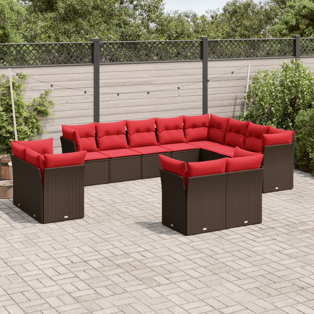 12 pcs conjunto de sofás jardim com almofadões vime PE castanho