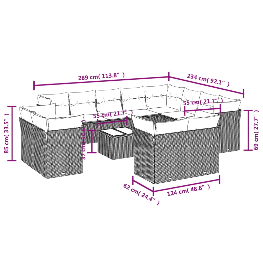 13 pcs conjunto sofás p/ jardim c/ almofadões vime PE cinzento