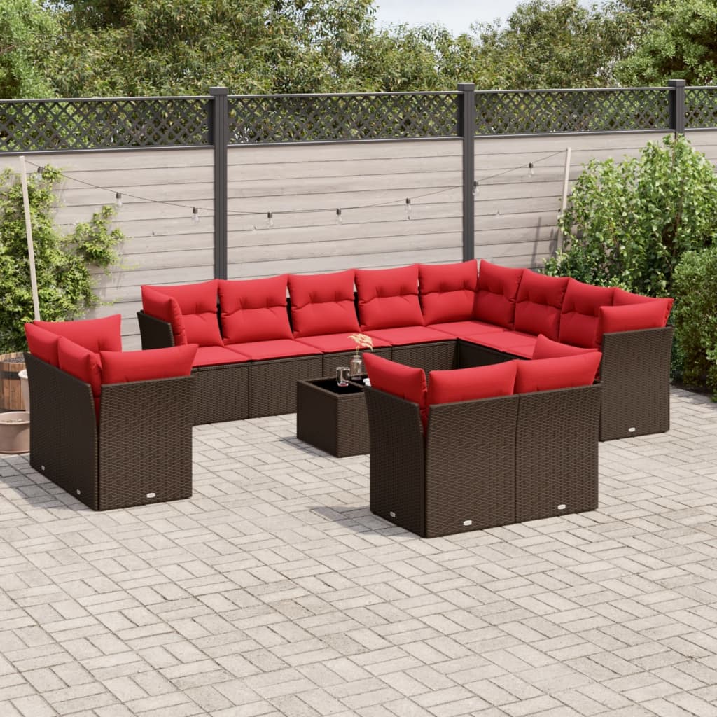 13 pcs conjunto sofás p/ jardim c/ almofadões vime PE castanho